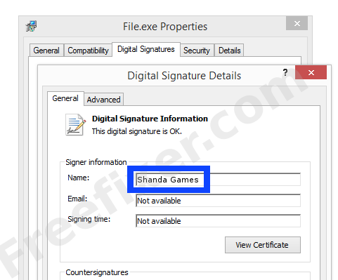Screenshot of the Shanda Games certificate
